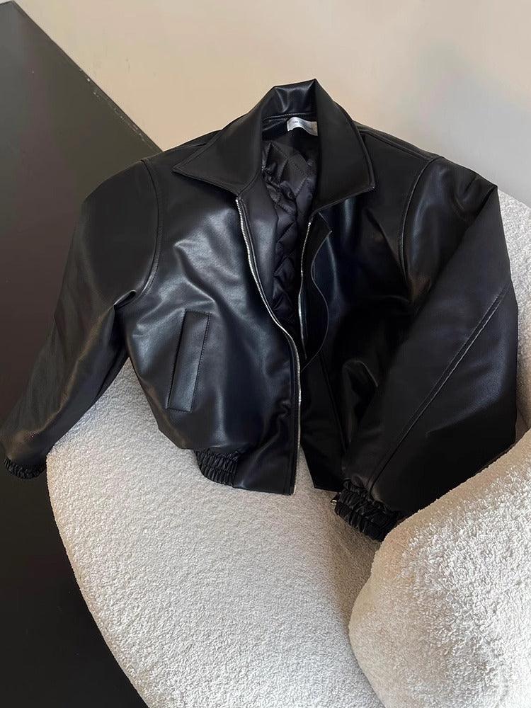 Black PU Leather Padded Shoulder Casual Short Jacket