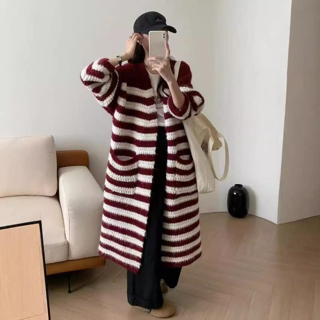 Wine red and cream striped sweater coat, long cardigan with open front
