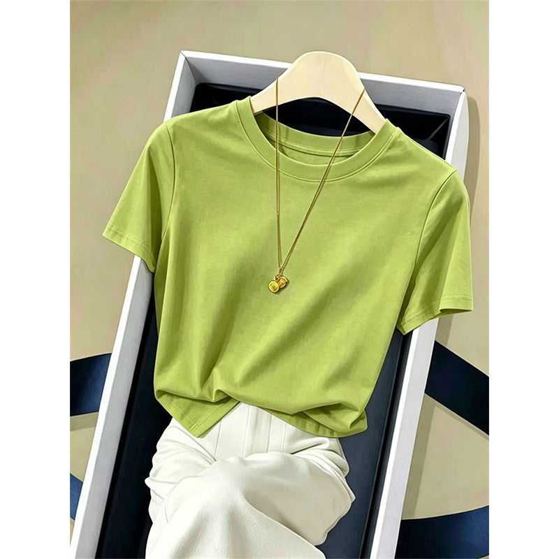 Women’s crewneck short-sleeve T-shirt in light green with draped neckline detail