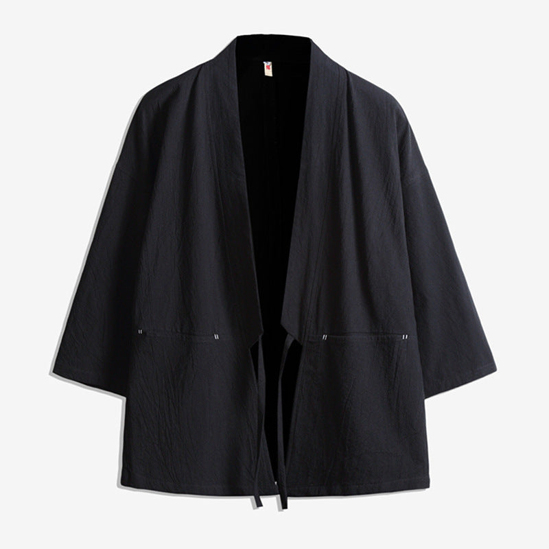 Men's Cotton Tie-Front Kimono-Style Jacket, Black - product view 3