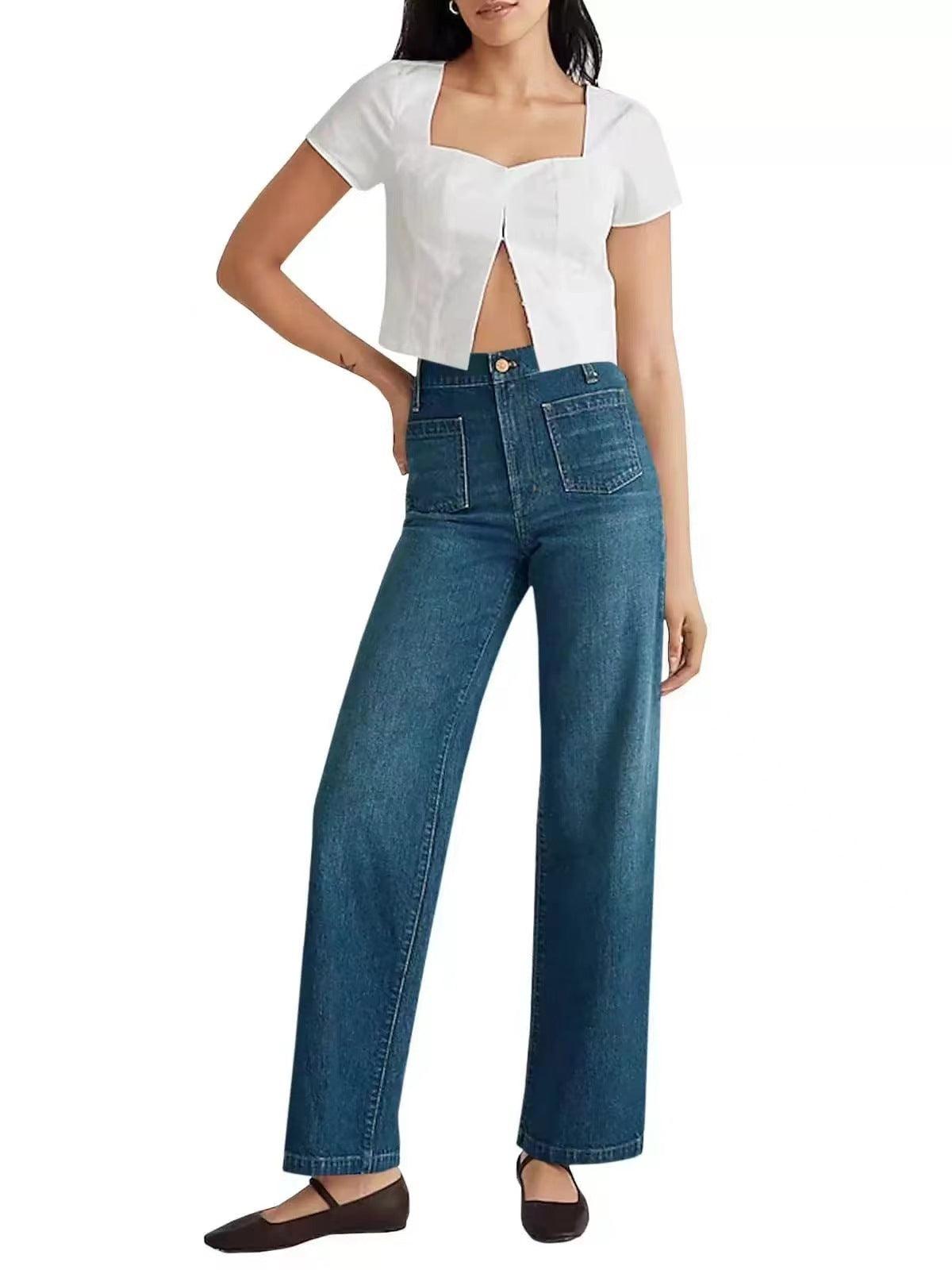 Blue washed high-rise wide-leg jeans with button fly and five-pocket design