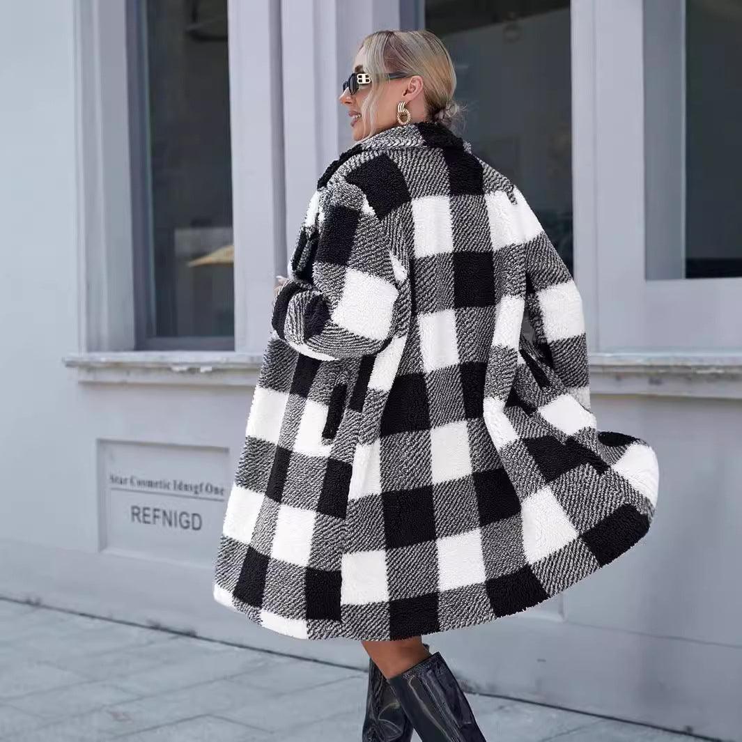 Women's Long Open-Front Plaid Coat