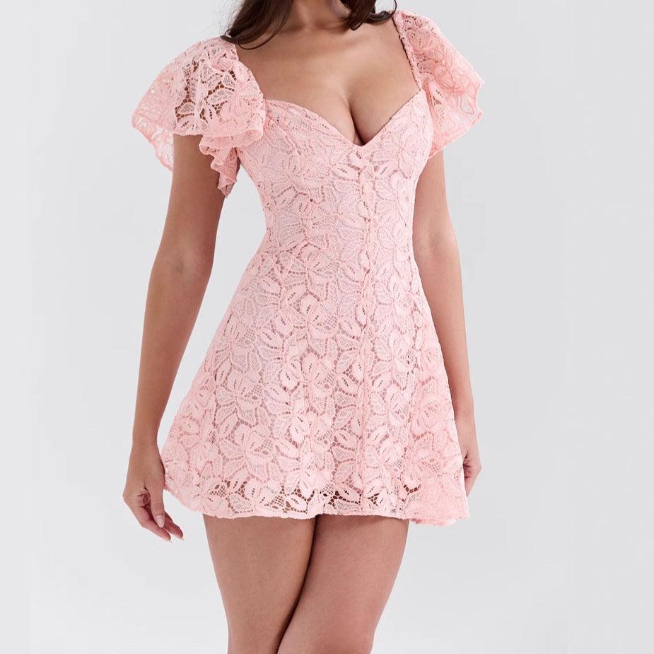Pink V-neck lace mini dress with ruffle cap sleeves and fitted flare skirt