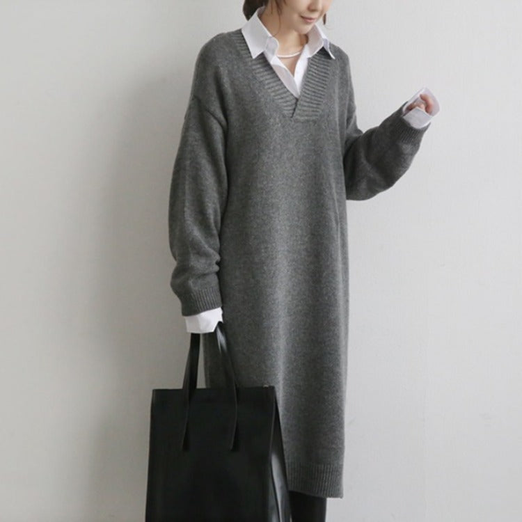 Sweater skirt V-neck knitted pullover bottoming shirt - WOMONA.COM