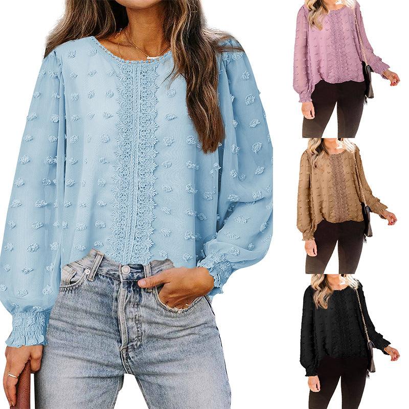 Chiffon Jacquard Lantern Long-sleeved Round Neck Blouse Women - WOMONA.COM