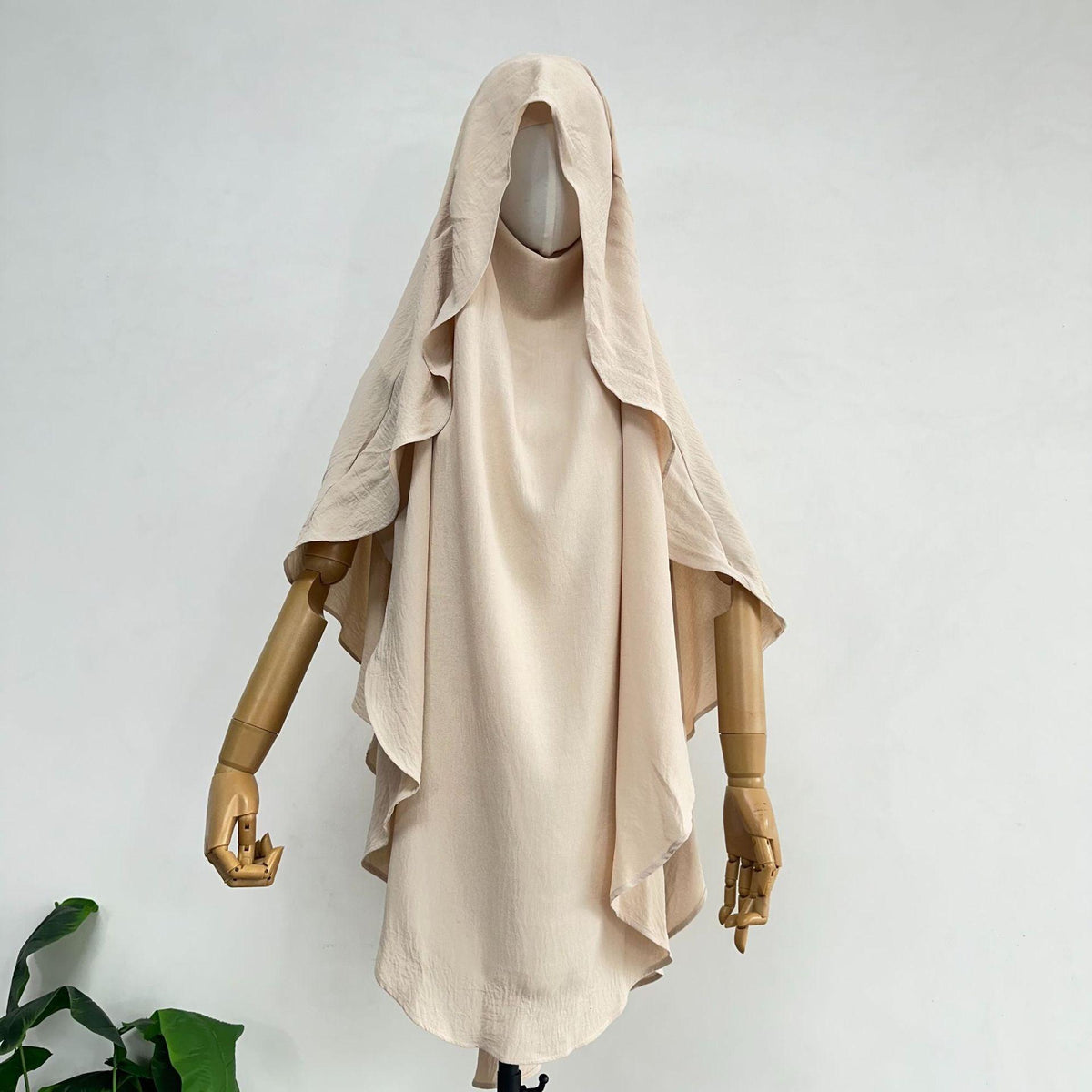 Women’s draped scarf shawl cover with hooded neckline, cream beige shade