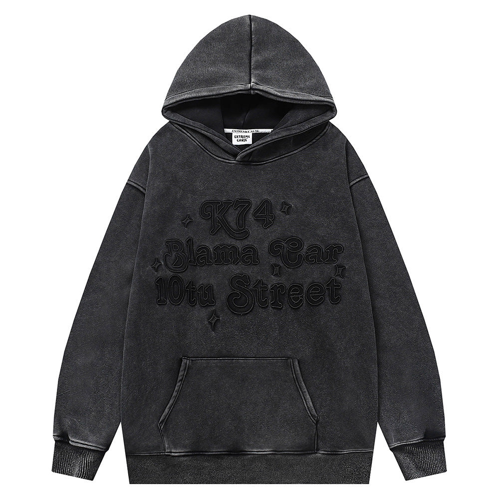 Distressed Fleece-lined Thickened Hooded Sweatshirt Men's Street Tide Brand Niche Loose Pullover Hoodie