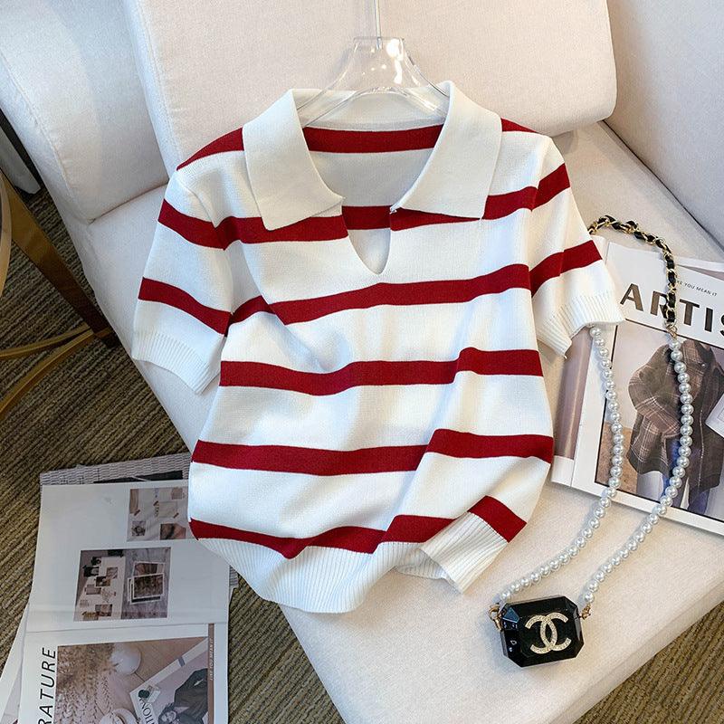 Striped V-neck Ice Silk Knitted Top - WOMONA.COM