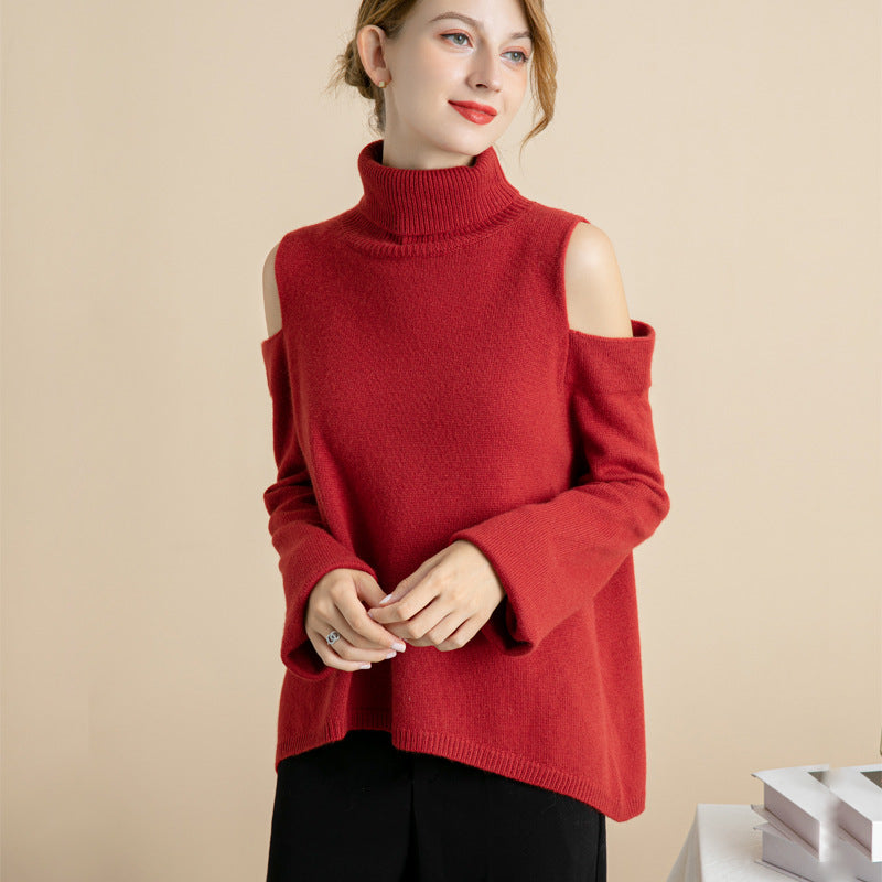 Wool off shoulder high neck knitted solid color coat - WOMONA.COM