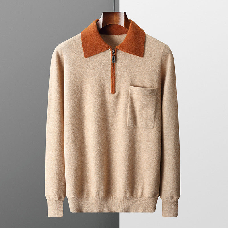 Wool Knitted Half-open Polo Long-sleeved Fleece Sweater - WOMONA.COM