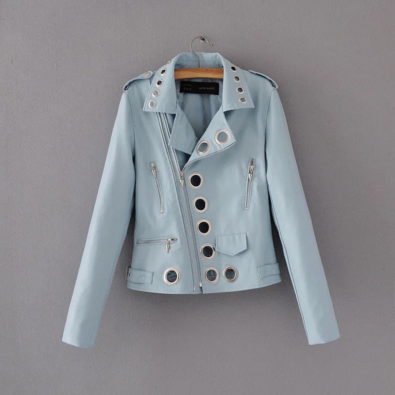 Ladies Fashion Hollow Pu Leather Jacket - WOMONA.COM