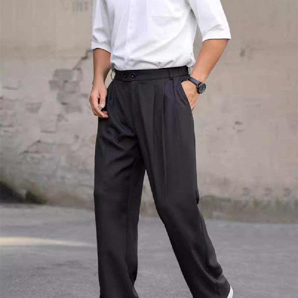 Men's black loose casual trousers with pleated front and button waist