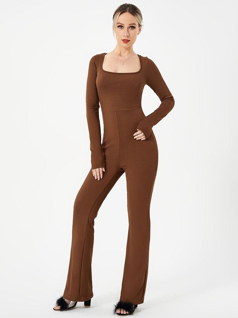 Women's brown long-sleeve jumpsuit with square neckline and wide-leg flares