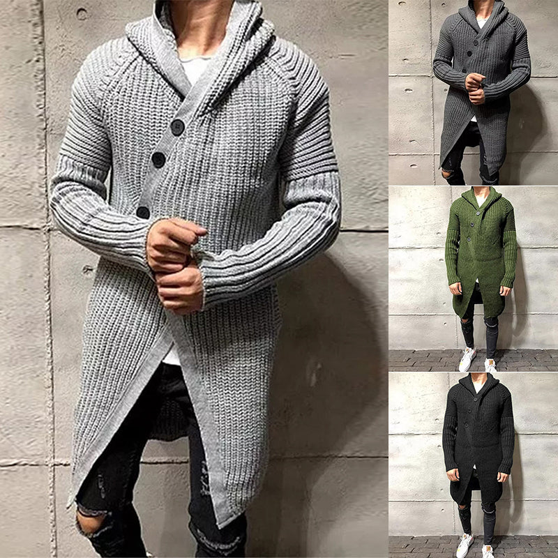 Men's light grey long knit hooded sweater coat