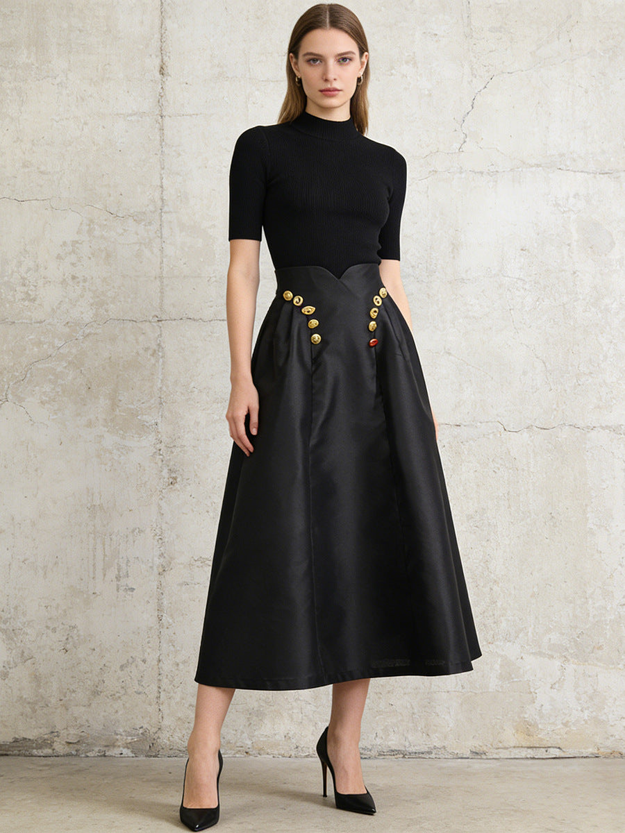 Women's Button-Detail Pleated Midi Skirt