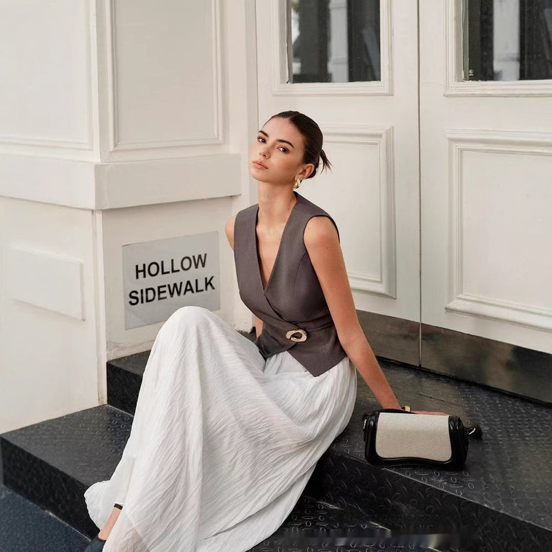 Elastic Waist A- Line Dress White Pleated Casual Skirt