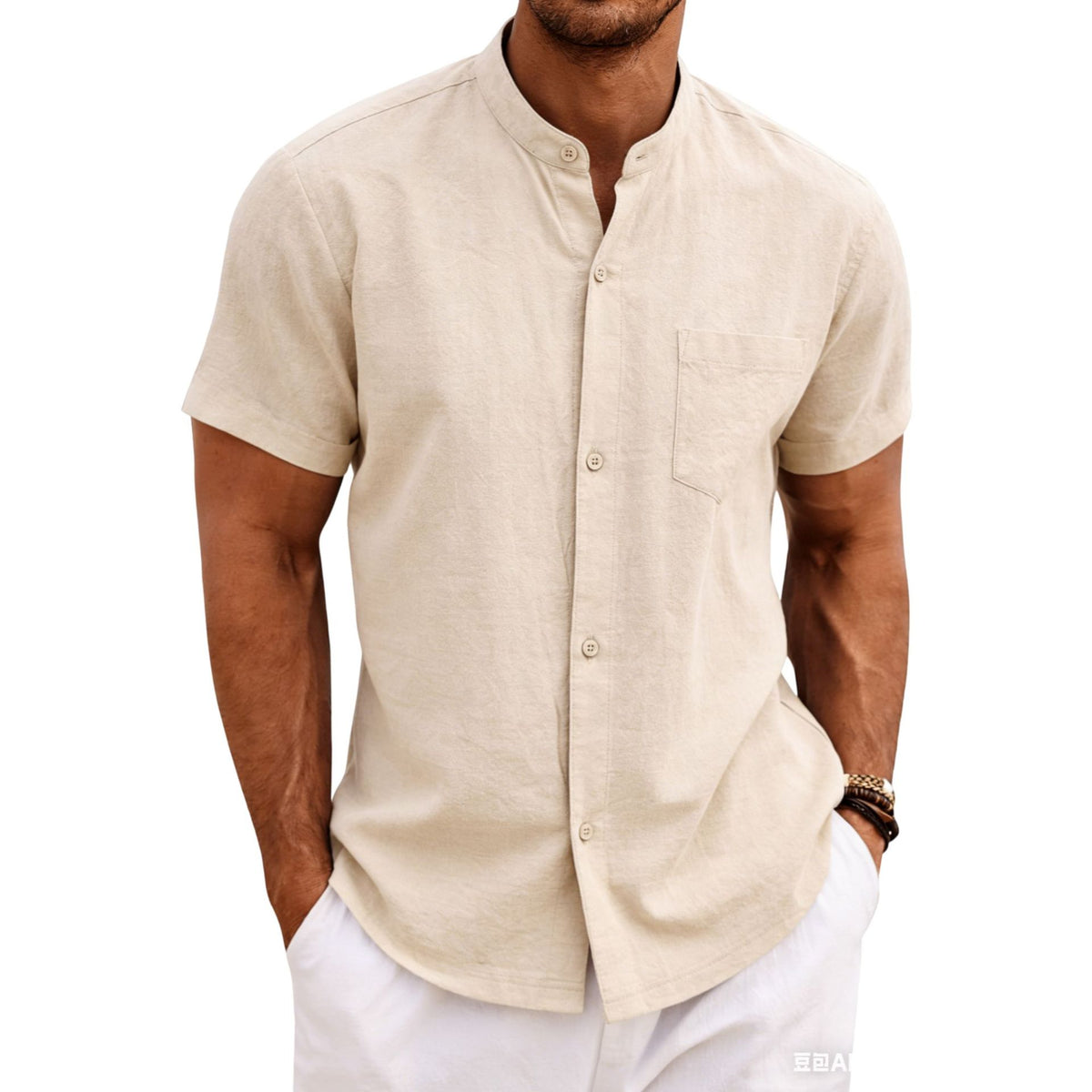 Men's casual short-sleeve button-up shirt in apricot, button front, chest pocket