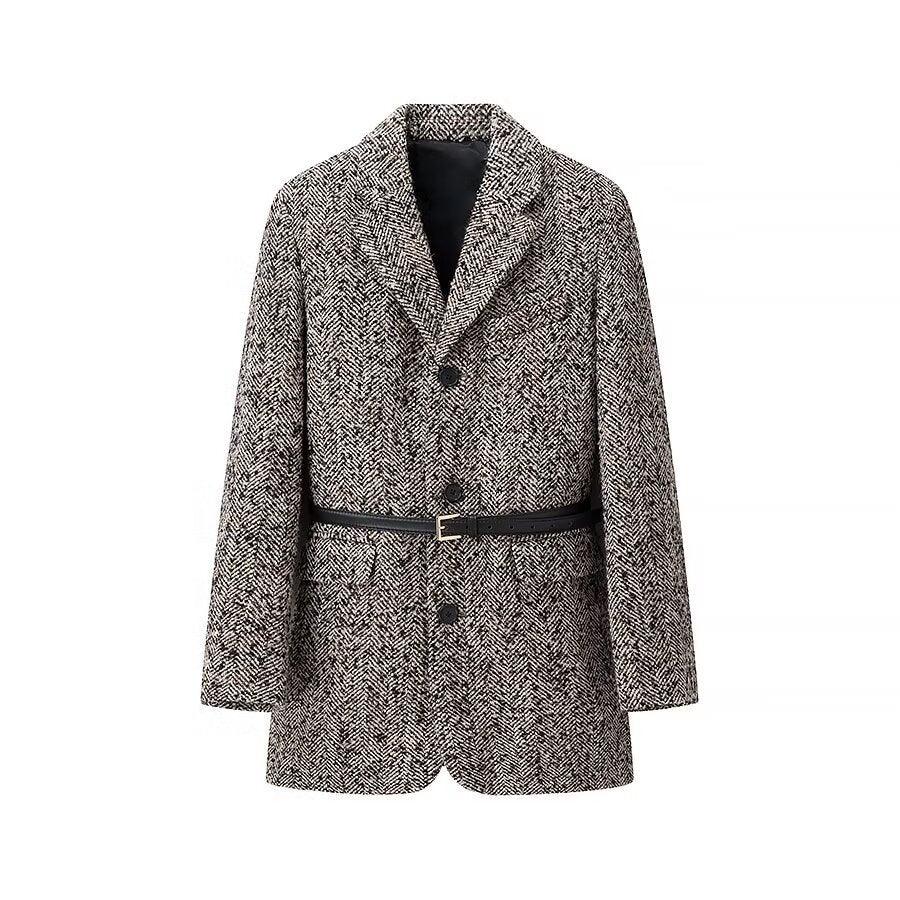 Women's black-and-white belted suit coat with button front, notched lapel, long sleeves