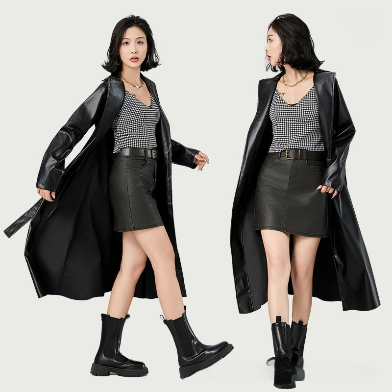 Extra Long Bathrobe Leather Wind Coat Women's - WOMONA.COM