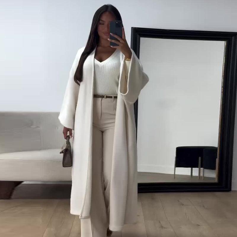 Loose mid-length cardigan coat, white, longline open-front with draped silhouette