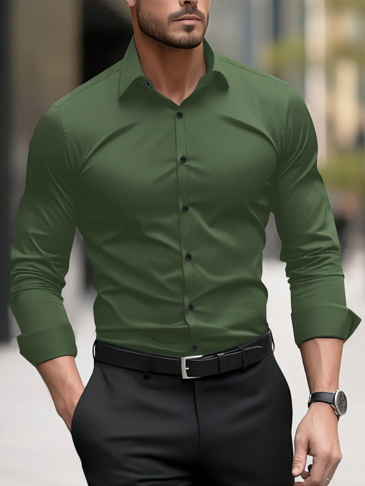Men's long-sleeve button-up business shirt, green with pointed collar and button placket