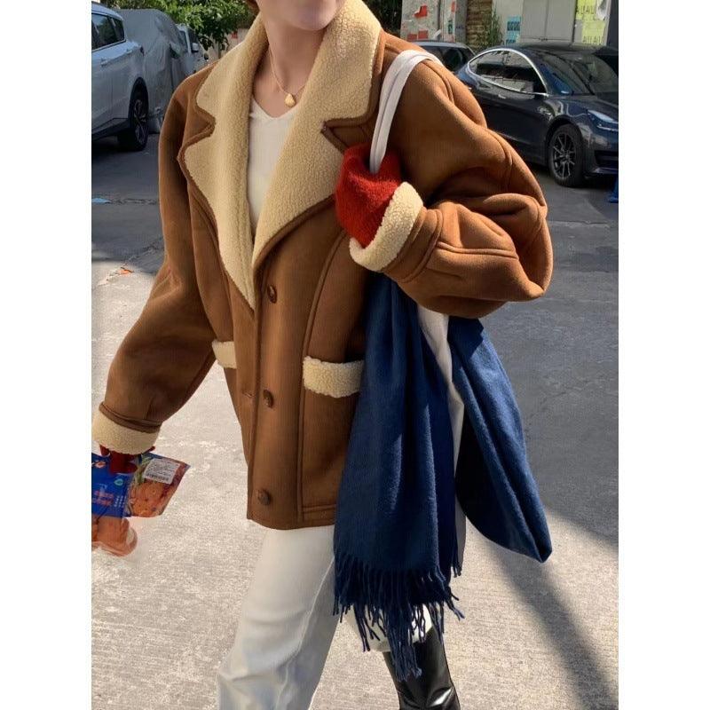 Brown reverse lamb wool coat with shearling-lined collar and cuffs, button closure