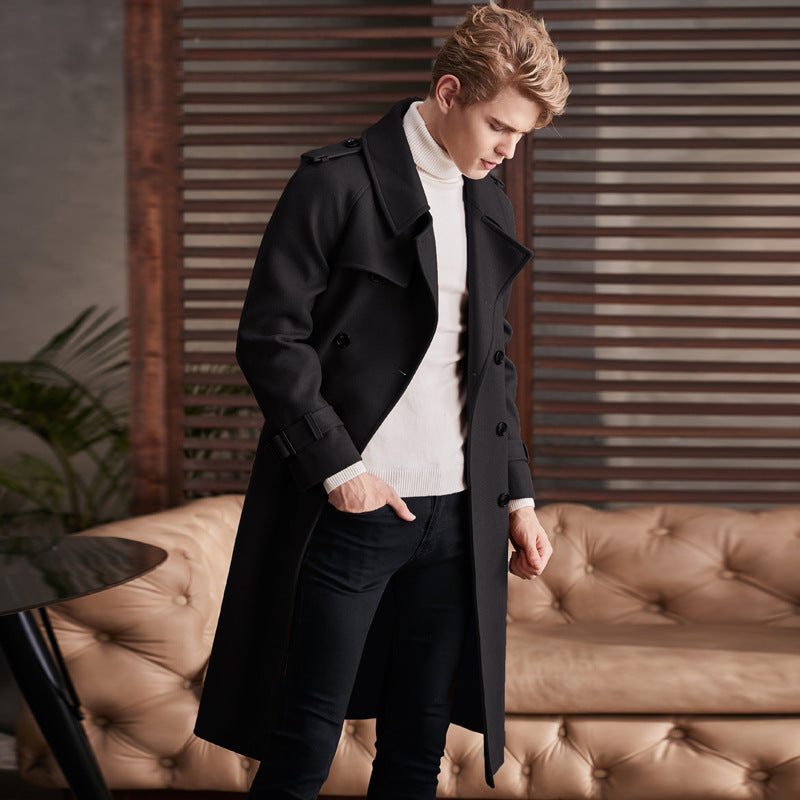 Men's Double Breasted Knee Length Woolen Coat - WOMONA.COM