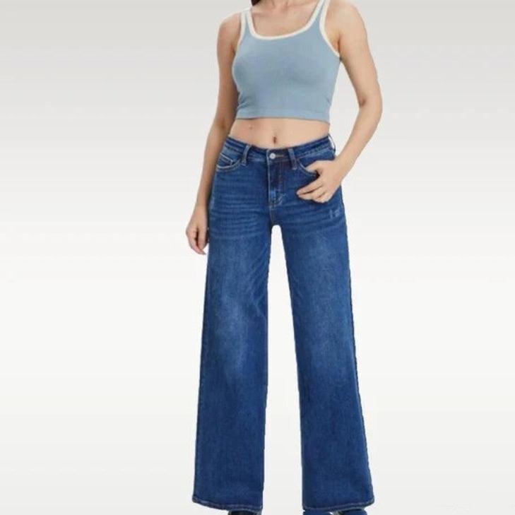 Dark blue high-waist straight loose jeans, front view with button and belt loops