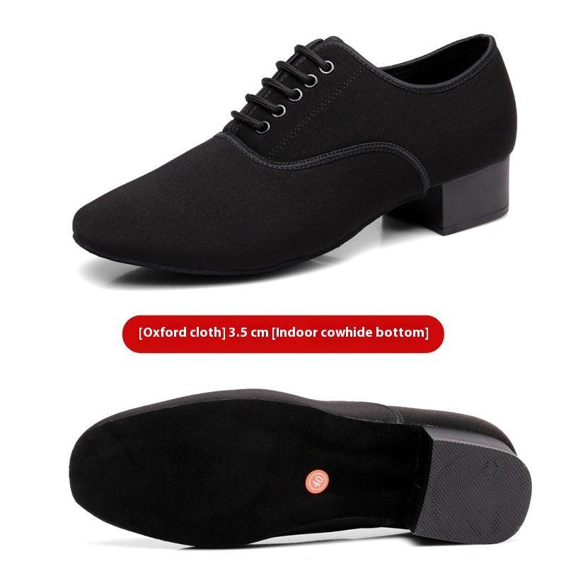 Black oxford cloth shoes with lace-up top and outsole underside view, 3.5 cm heel