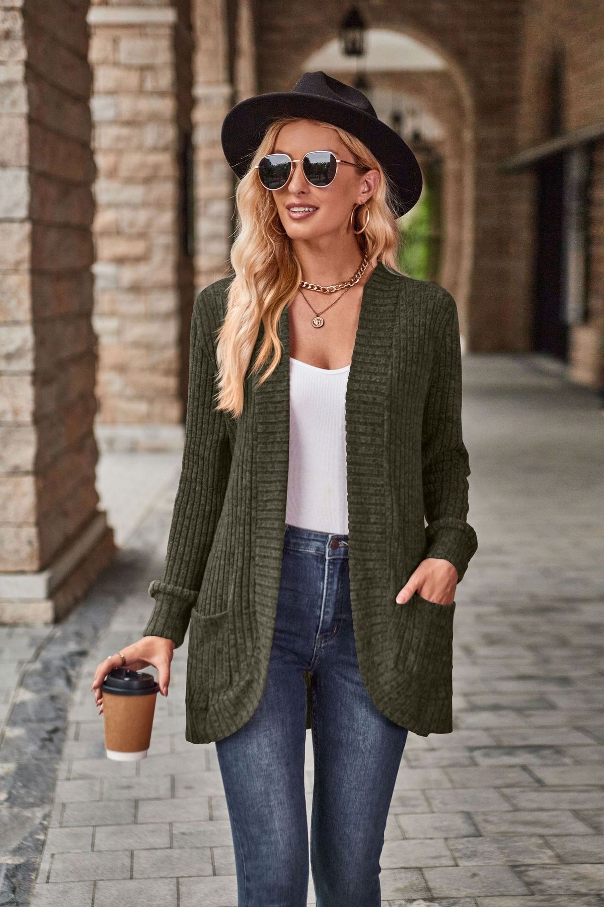 Mid-length textured open-front coat in olive green with long sleeves and front pockets.