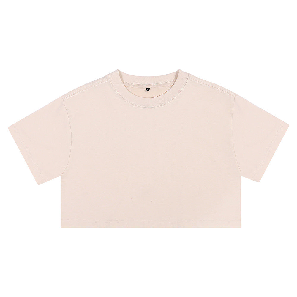 Beige loose crop T-shirt with short sleeves and round crew neck