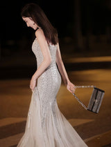 High-end Elegant Silver Sequined Fishtail Evening Dress - WOMONA.COM