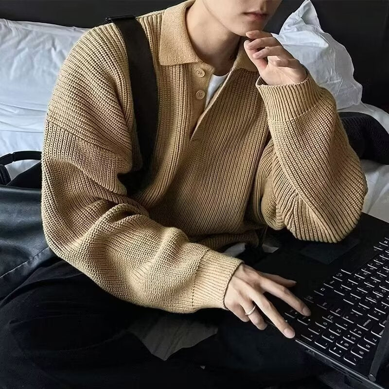 Men's long sleeve knit polo sweater in coffee