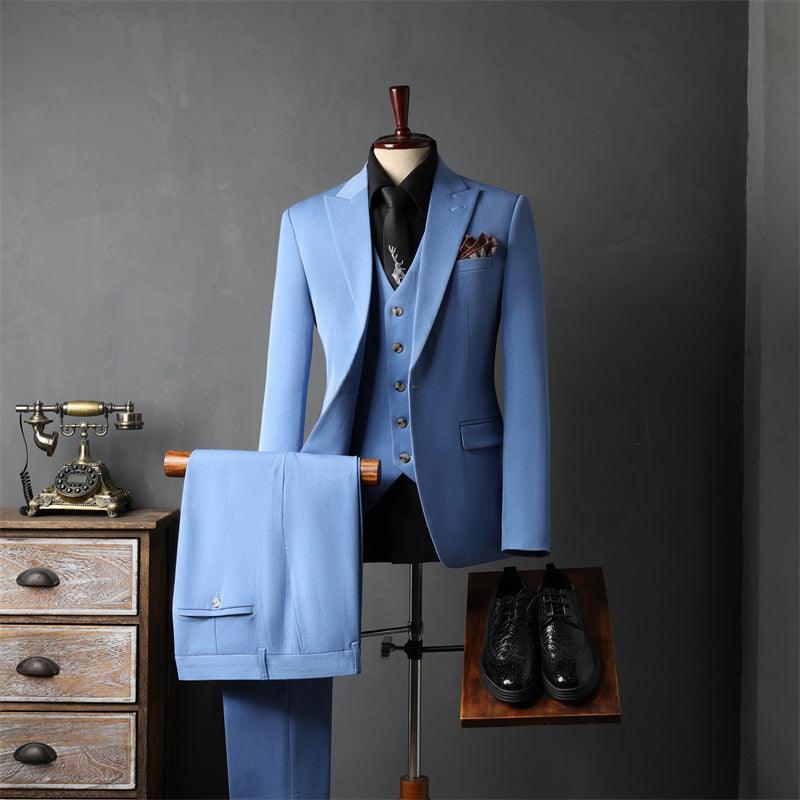 Light blue three-piece suit set: jacket with matching vest and trousers