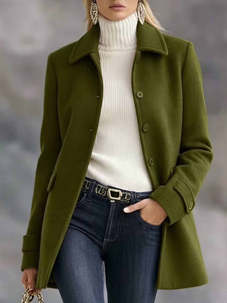Army green mid-length wool coat with lapel and button front