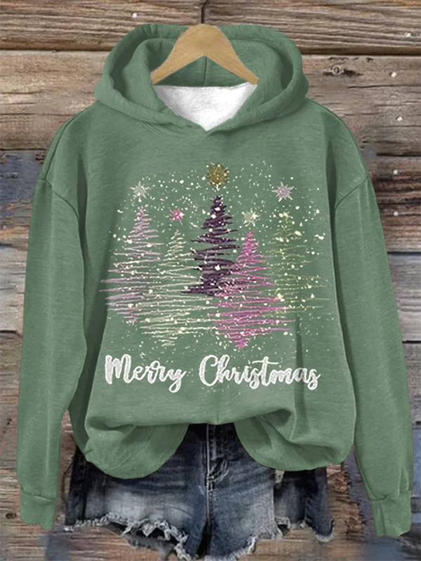 Round Neck Hooded Long Sleeve Four Christmas Trees Loose Sweater - WOMONA.COM