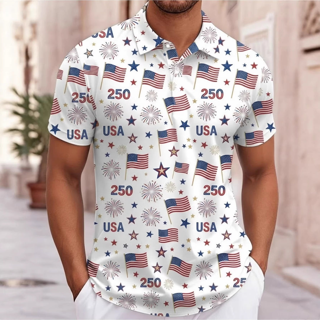 Mens short-sleeve lapel shirt in white with USA stars, fireworks, and flag prints
