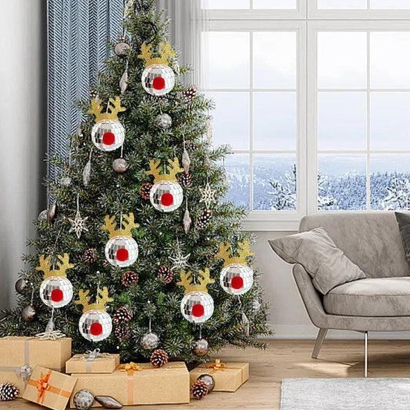Set of 5 disco mirror reindeer horn Christmas ball ornaments with red center