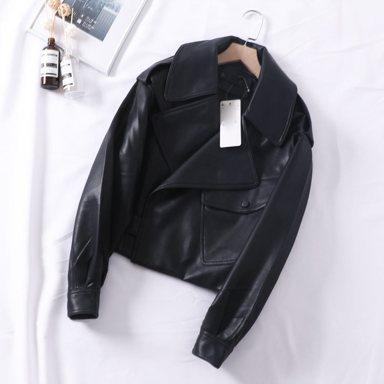 Loose cropped leather jacket motorcycle jacket - WOMONA.COM