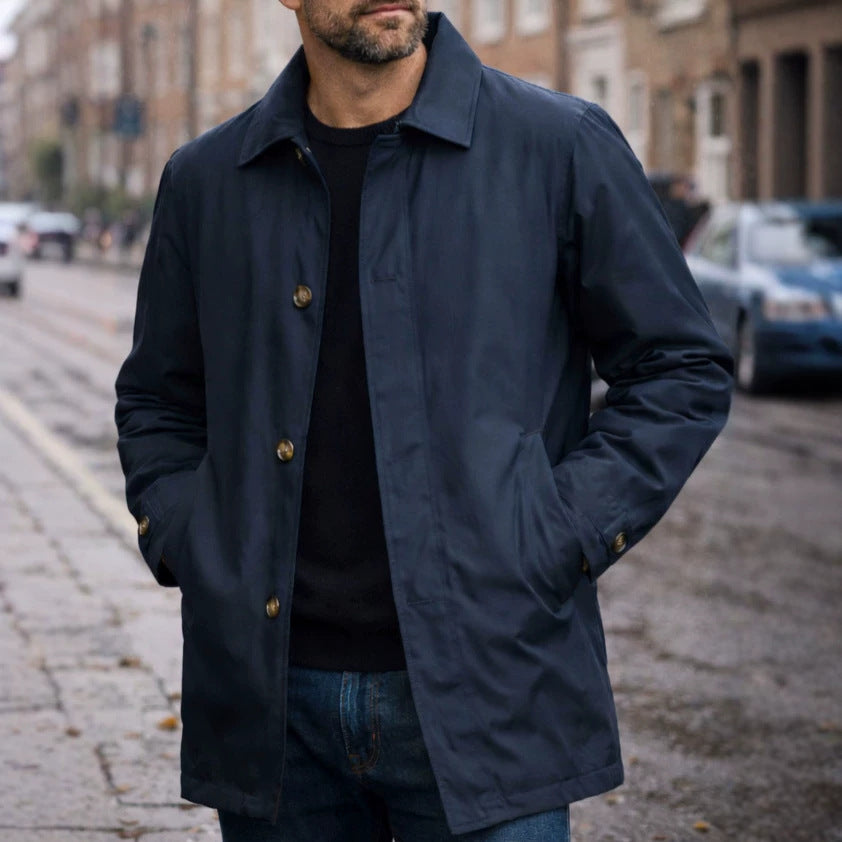 Men's navy waterproof trench coat with button front and collar
