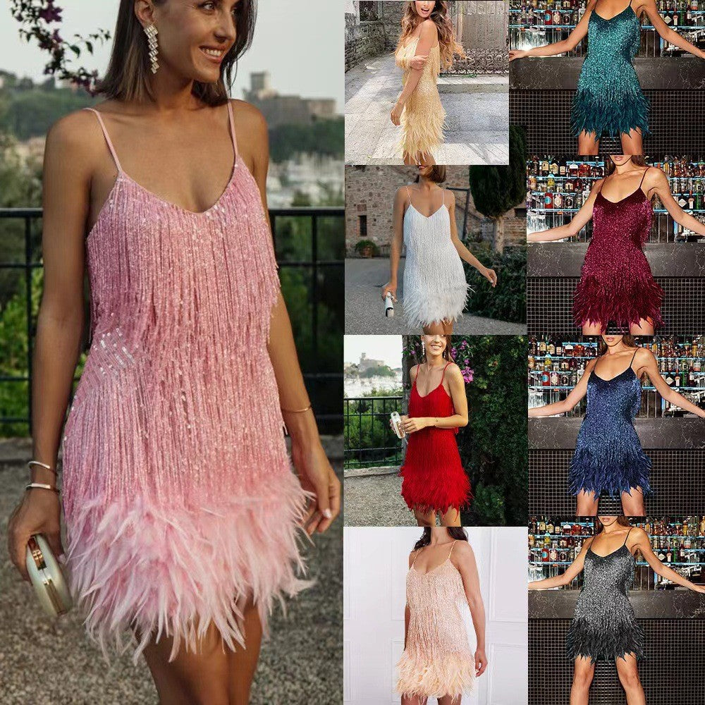 Women's sequin tassel V-neck mini dress – product image 1
