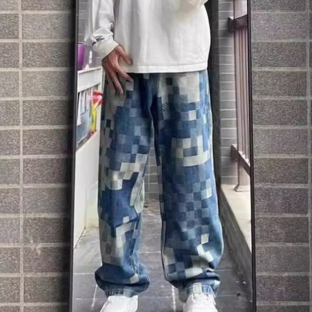 Men's Loose-Fit American-Style Printed Denim Jeans