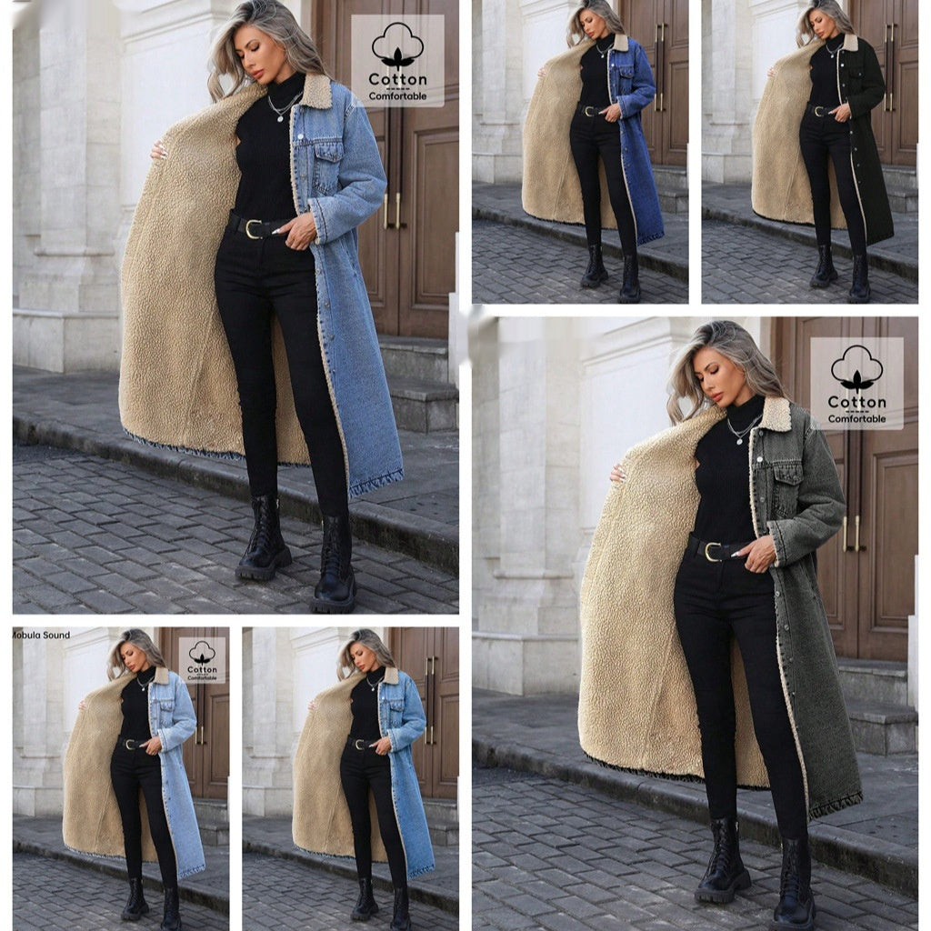 Women's Long Fleece-Lined Denim Jacket
