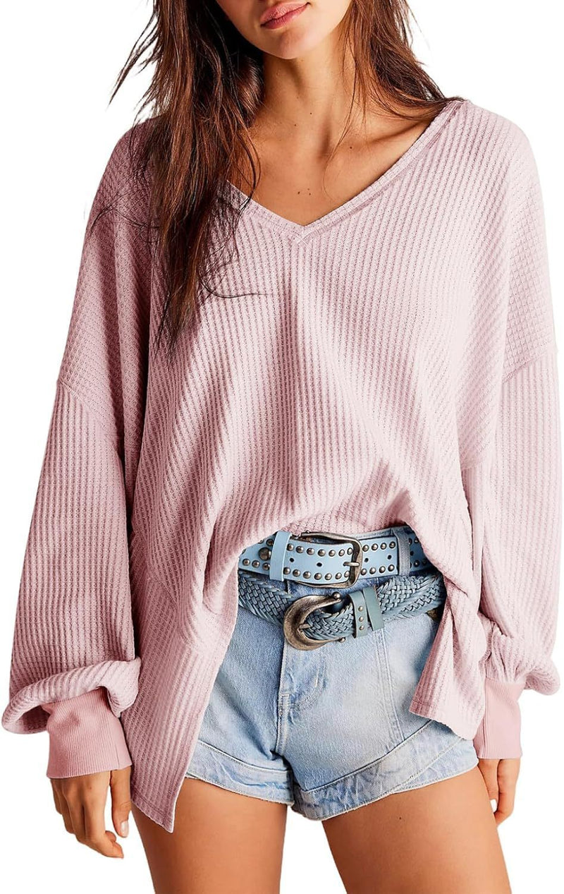 Damen Waffelstrickbluse mit Laternenärmeln, Freizeithemd