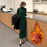 Fleece-lined Knitting Dress Turtleneck Slim Fit Long Dress - WOMONA.COM