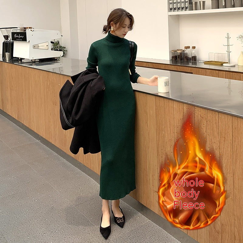 Fleece-lined Knitting Dress Turtleneck Slim Fit Long Dress - WOMONA.COM