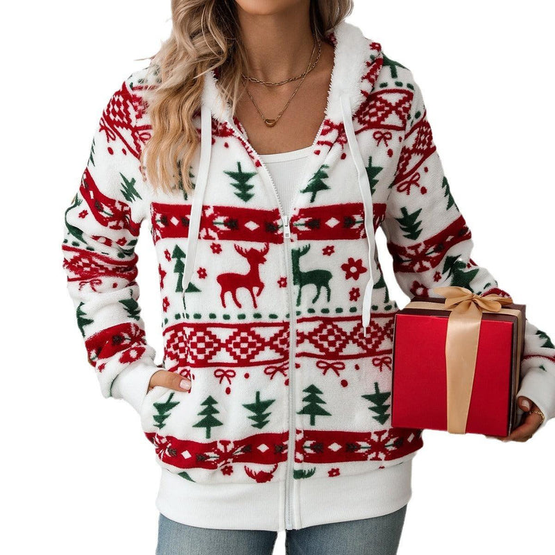 Langärmliger Cardigan mit Weihnachtsdruck und Plüschmantel