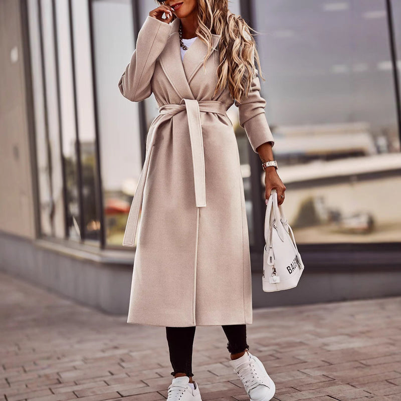 V-neck Lace Up Woolen Coat Top Women