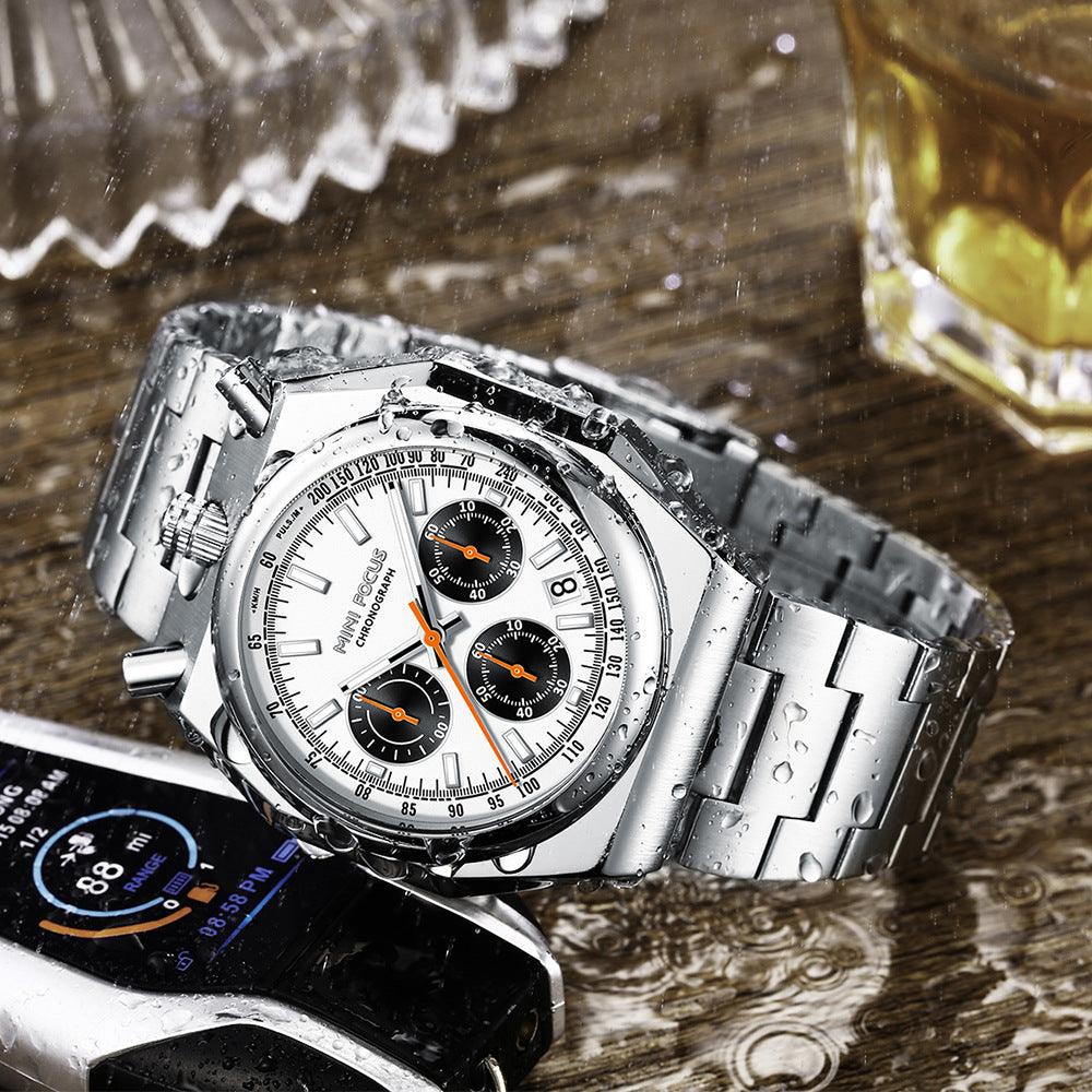 Men's steel chronograph watch with white dial, silver bracelet, three subdials