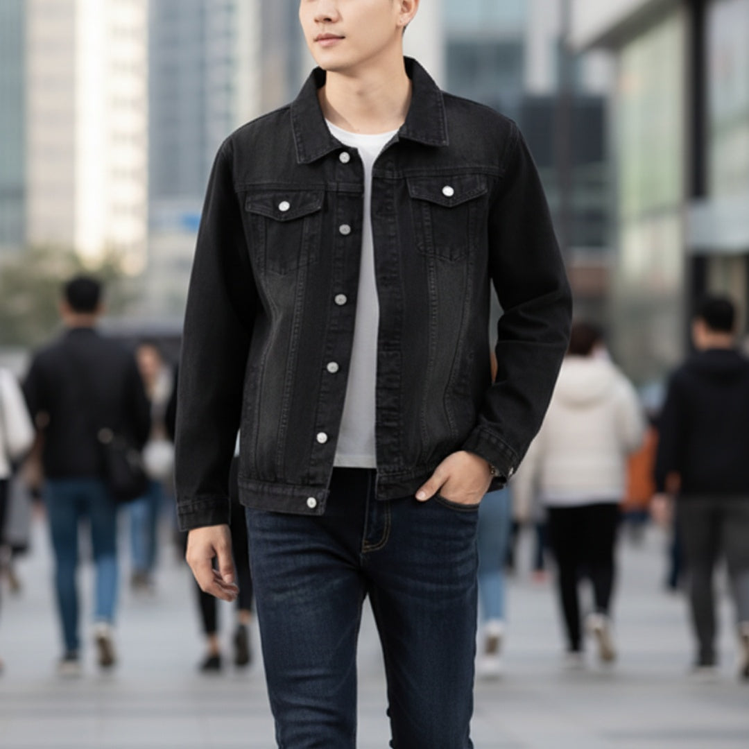 Men's dark denim jacket with button front and two chest flap pockets